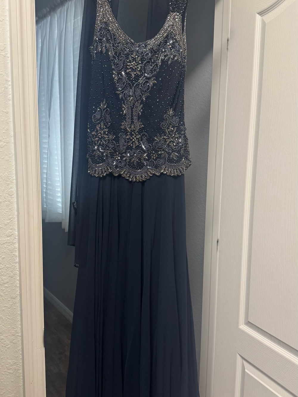 Nordstrom Beaded Navy Evening Gown with Silver Accents